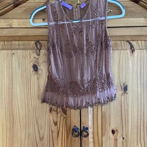 100% silk, hand beaded mocha top